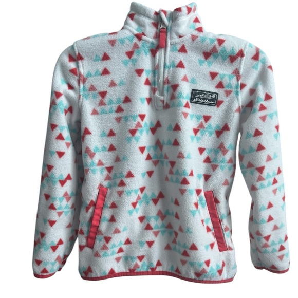 Girl’s Eddie Bauer Fleece White Red Aqua Print 1/4 Zip Pullover - Picture 2 of 5